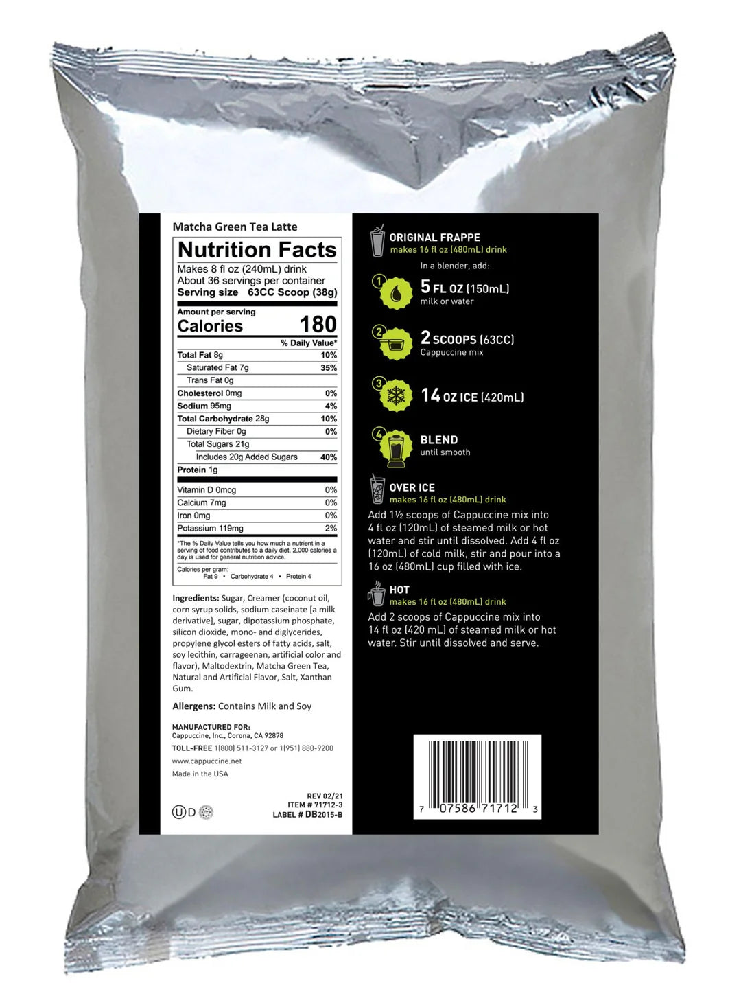 Cappuccine Frappe Matcha Green Tea Mix 3lbs